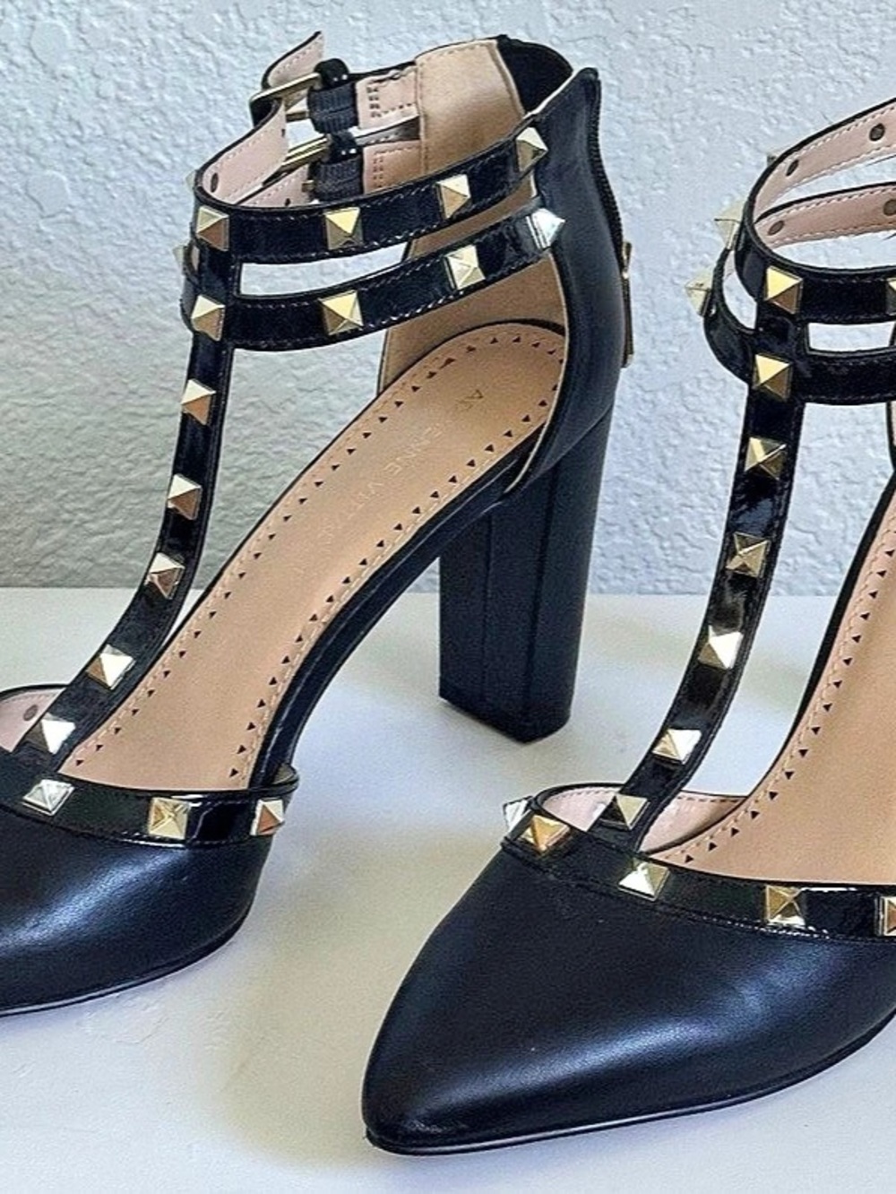 Adrienne Vittadini Pointed Toe Studded Heels in Black
